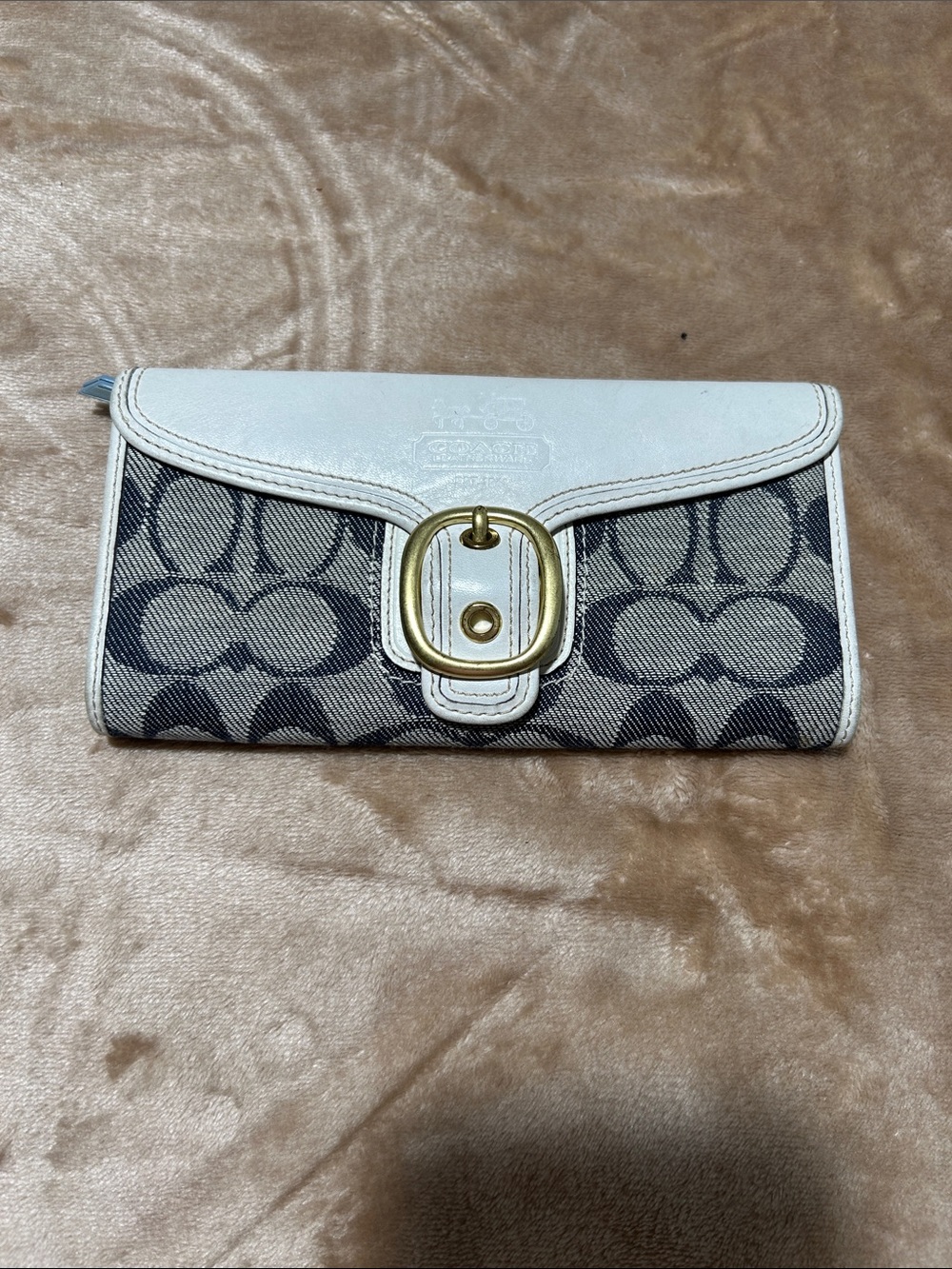 Coach Navy Signature Canvas Wallet with White Leather Trim and Gold Buckle